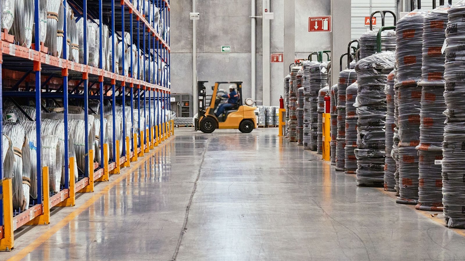 Depósito grande con racks llenos de mercadería y un autoelevador