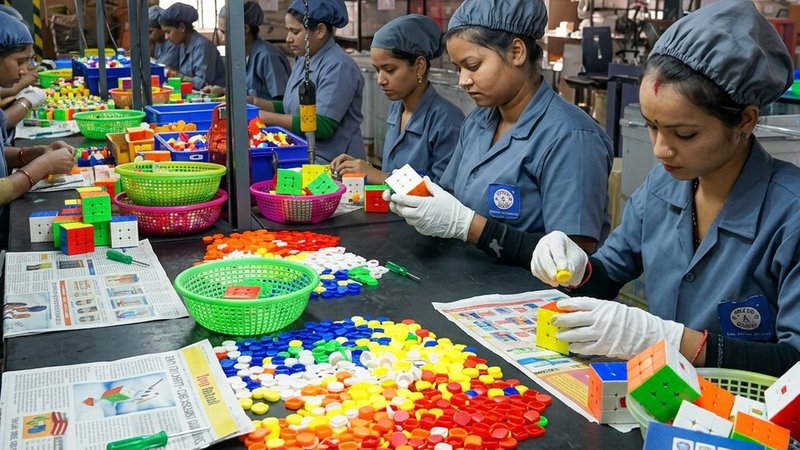 Trabajadoras armando productos a mano en una línea de producción