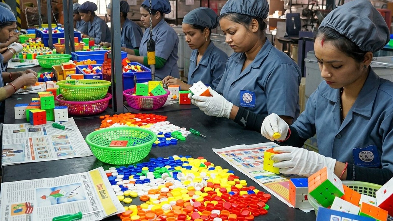 Trabajadoras armando productos a mano en una línea de producción de una fábrica