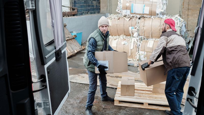 Trabajadores cargando cajas en la parte trasera de un camión de reparto
