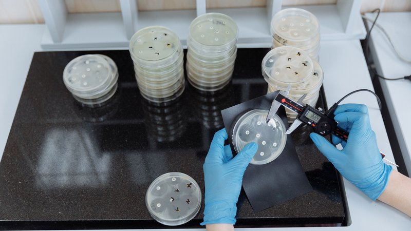 Primer plano de manos con guantes de laboratorio manipulando placas de Petri