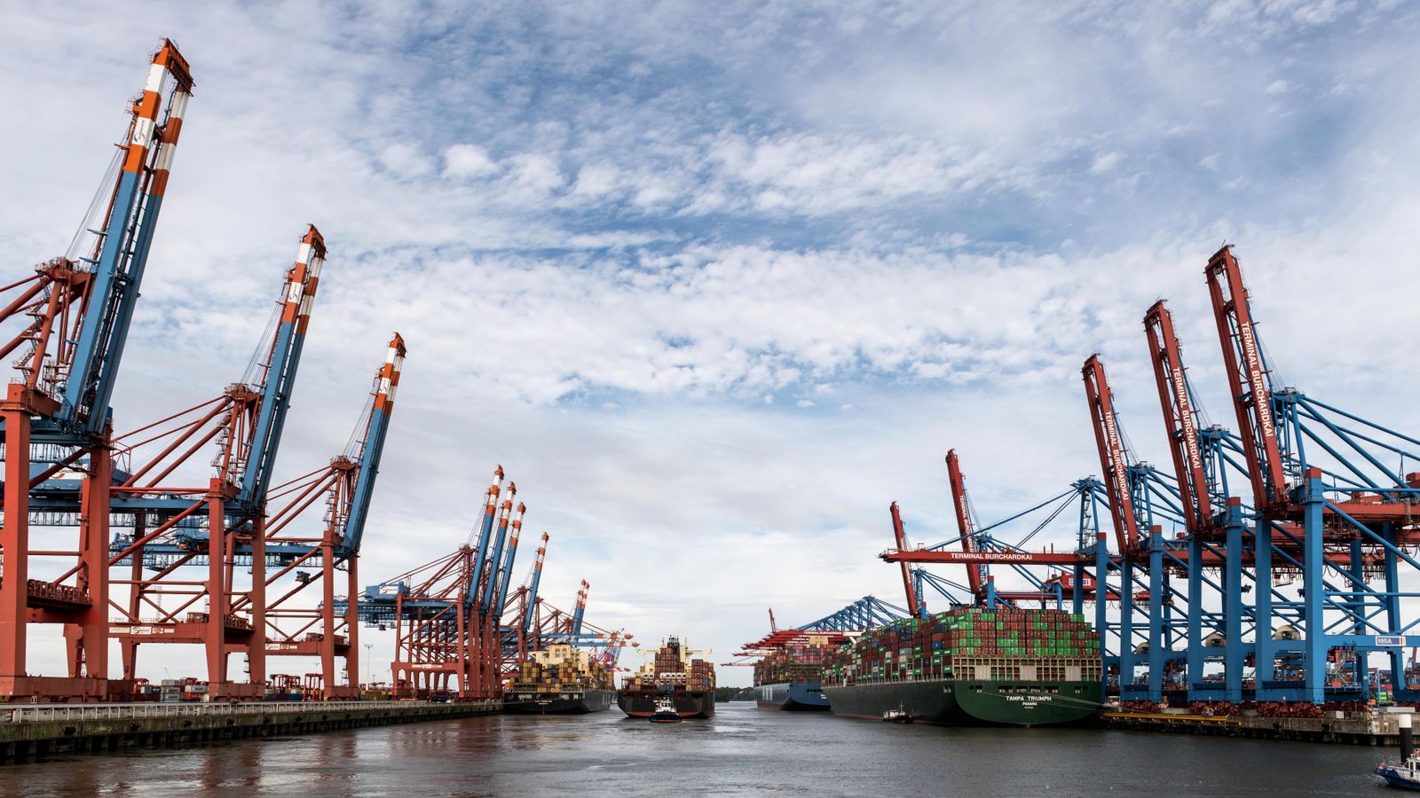 Grúas y contenedores en una terminal portuaria, transporte marítimo de carga